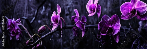 Commercial photo. A banner with a dark orchid on a background of Gothic darkness. photo