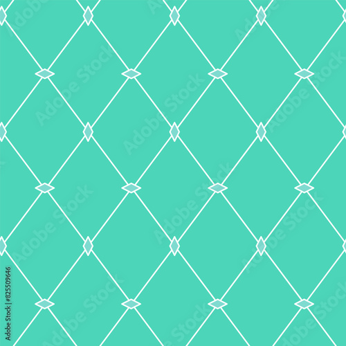 A repeating seamless vector pattern of intersecting white lines forms diamond shapes against a solid teal background  creating a clean and minimalistic geometric design. Nice for indoor visuals.