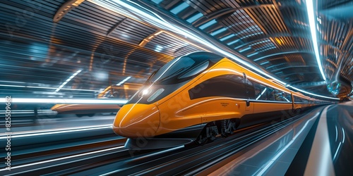 High-speed orange train speeding through a futuristic-looking station with dynamic lighting