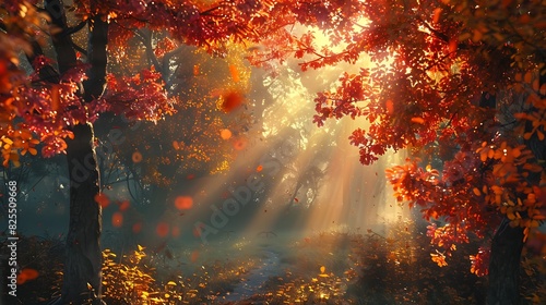 The fiery colors of autumn leaves in a forest, with sunlight filtering through the canopy.