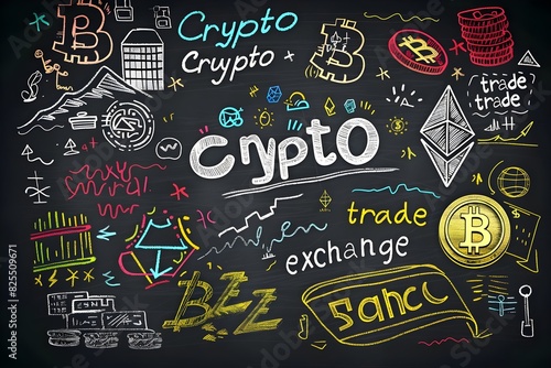 Colorful chalkboard with various cryptocurrency symbols and related doodles.