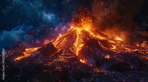 The fiery spectacle of a volcano erupting at night, lava flowing down its slopes under a starry sky. photo