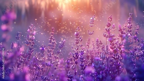 The first light of dawn breaking over a field of lavender  casting a warm glow over the purple flowers.