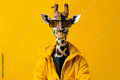 A giraffe wearing a yellow jacket and blue hoodie with sunglasses on its face. The giraffe is posing for a photo, giving off a fun and playful vibe