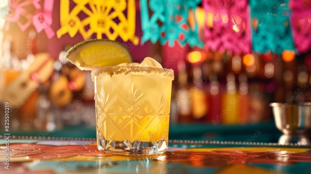 A unique and y twist on a classic margarita inspired by the lively sounds of mariachi music being enjoyed at a festive bar adorned with colorful papel picado banners and featuring a A unique and y twist on a classic margarita inspired by the lively sounds of mariachi music being enjoyed at a festive bar adorned with colorful papel picado banners and featuring a