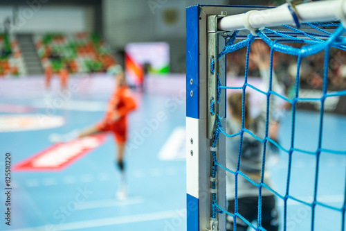 Detail of handball goal post with net and game in the background.