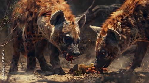 Hyenas scavenging for food. realistic hyperrealistic photo