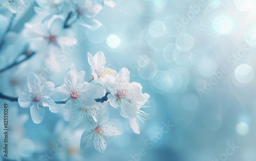Beautiful spring background with delicate flowers in a blend of blue and white colors  blurred with a dreamy and pastel color palette Generative AI