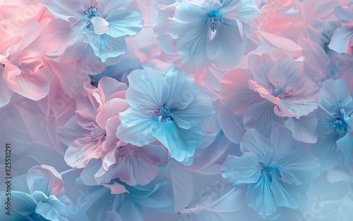A serene background with delicate flowers in pastel shades of blue and pink  creating an atmosphere that exudes tranquility and beauty Generative AI