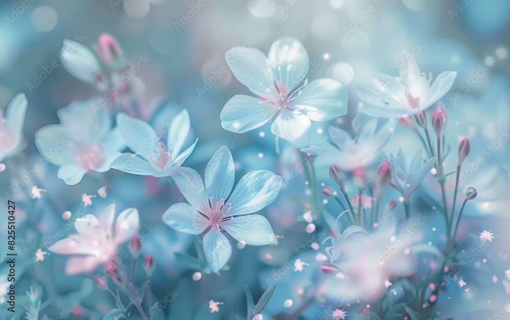 Blurred background of blue and white flowers, with small pink petals in the foreground Generative AI