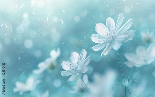 A serene background with delicate flowers, soft blue hues, and a blurred foreground creating an ethereal atmosphere Generative AI