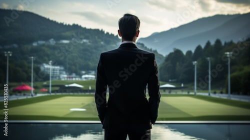 A male sports manager in a suit stands with his back looking at the sports field.
Concept:
Reflections and success, business and ambitions, sports leadership, motivation.