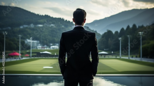 A male sports manager in a suit stands with his back looking at the sports field.
Concept:
Reflections and success, business and ambitions, sports leadership, motivation. photo