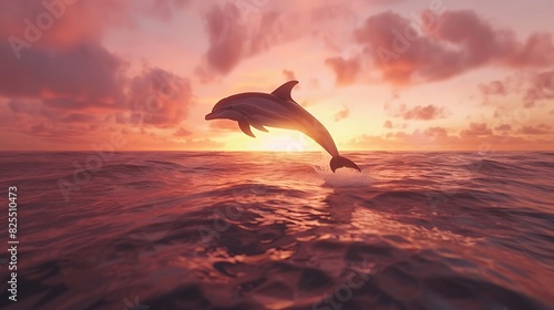 The graceful arc of a dolphin leaping out of the ocean at sunrise, against a backdrop of pink and orange skies. © Imagination Ink