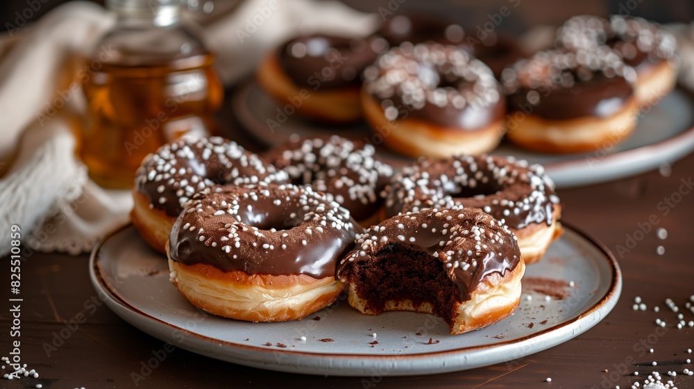 Food. Close-up of donuts with rich chocolate glaze and white sprinkles on plates, one donut partially eaten.
