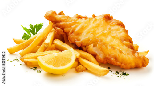 Crispy battered fish fillet served with golden French fries, a lemon wedge, and parsley garnish, isolated on a white background.