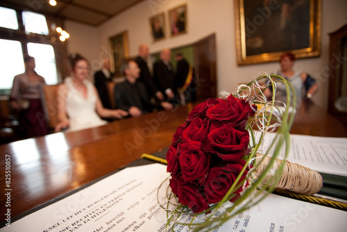 Bilde på lerret Red rose wedding bouquet on table in registry office, wedding ceremony attendees blurred in the background