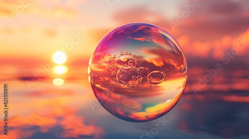 The iridescent sheen of a soap bubble floating against a sunset, reflecting a spectrum of colors.