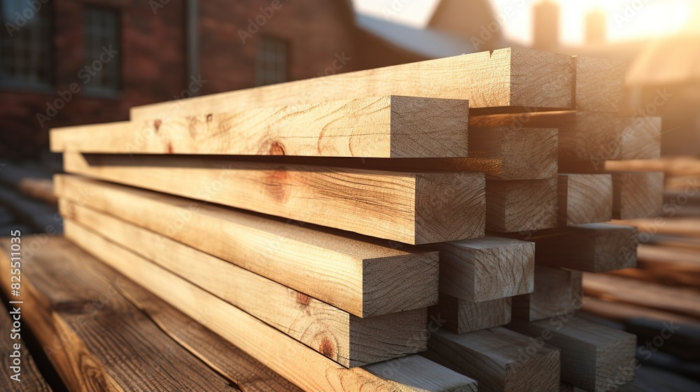 A photo of a stack of wooden planks on a building site A photo of a stack of wooden planks on a building site