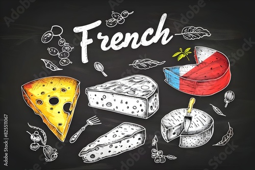 Colorful French cheeses displayed on a chalkboard.