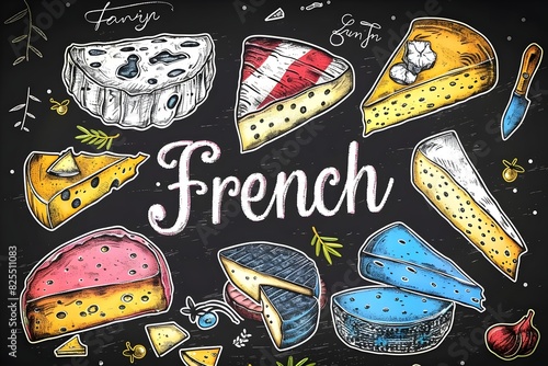 Colorful French cheeses displayed on a chalkboard.