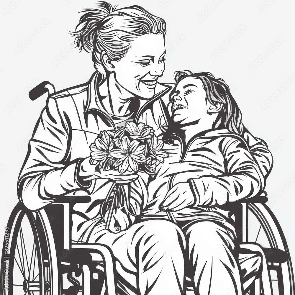 A child in a wheelchair next to his mother. Concept: love and care, person with disabilities. Disabled person in society A child in a wheelchair next to his mother. Concept: love and care, person with disabilities. Disabled person in society
