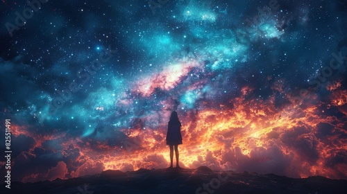 A lone person gazes upward at the mesmerizing expanse of the star-filled night sky A woman standing on a hill looking at the stars.