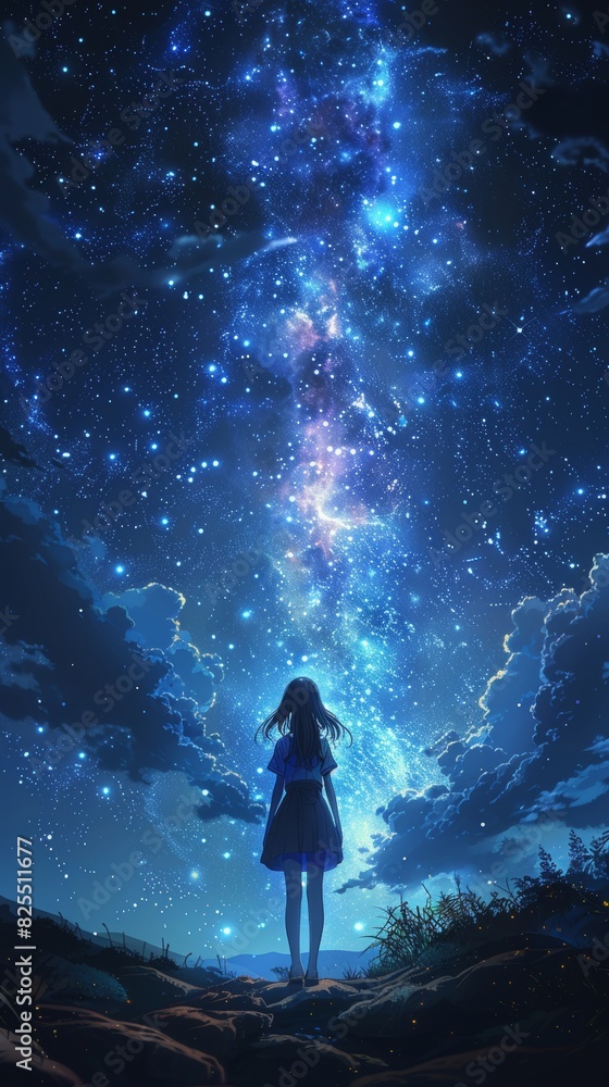 A lone person gazes upward at the mesmerizing expanse of the star-filled night sky A woman standing on a hill looking at the stars. A lone person gazes upward at the mesmerizing expanse of the star-filled night sky A woman standing on a hill looking at the stars.