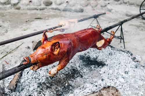 Closeup of the popular and delicious roasted pig known as 