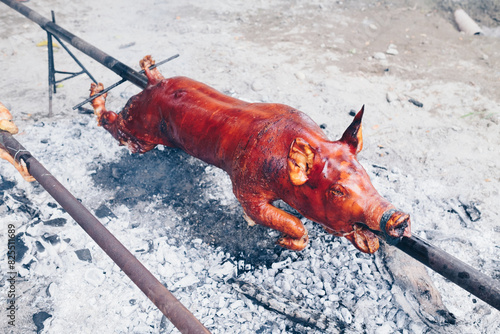 Closeup of the popular and delicious roasted pig known as 