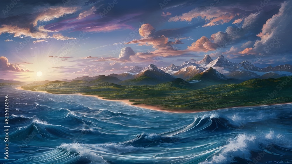The sun setting over the ocean and mountains, creating a breathtaking view of nature's beauty.

