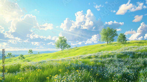 Beautiful spring landscape with green grass, trees and a blue sky background. 3D illustration of a meadow with blooming flowers on a hillside. Nature panorama banner with copy space area for text