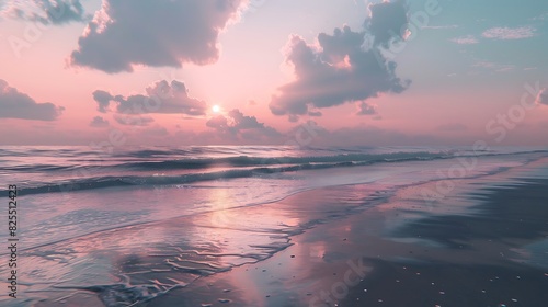 The soft  pastel colors of a sky just before sunrise  reflecting on the calm waters of a coastal beach.