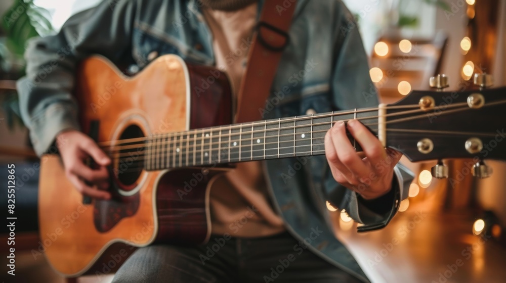 Obraz premium A teenager plucking at the strings of their guitar inspired by the melodies filling the room.