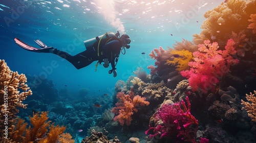 scuba diver on coral reef under the sea in summer
