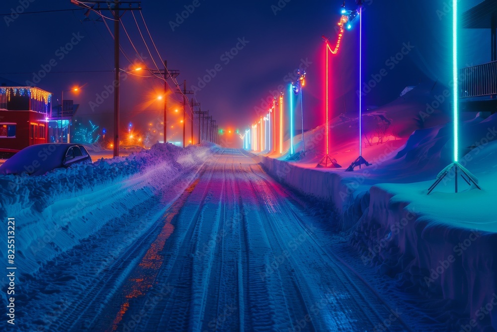 Vibrant lights create a stunning display against the snowy backdrop of the Midwinter Festival in Iceland.
