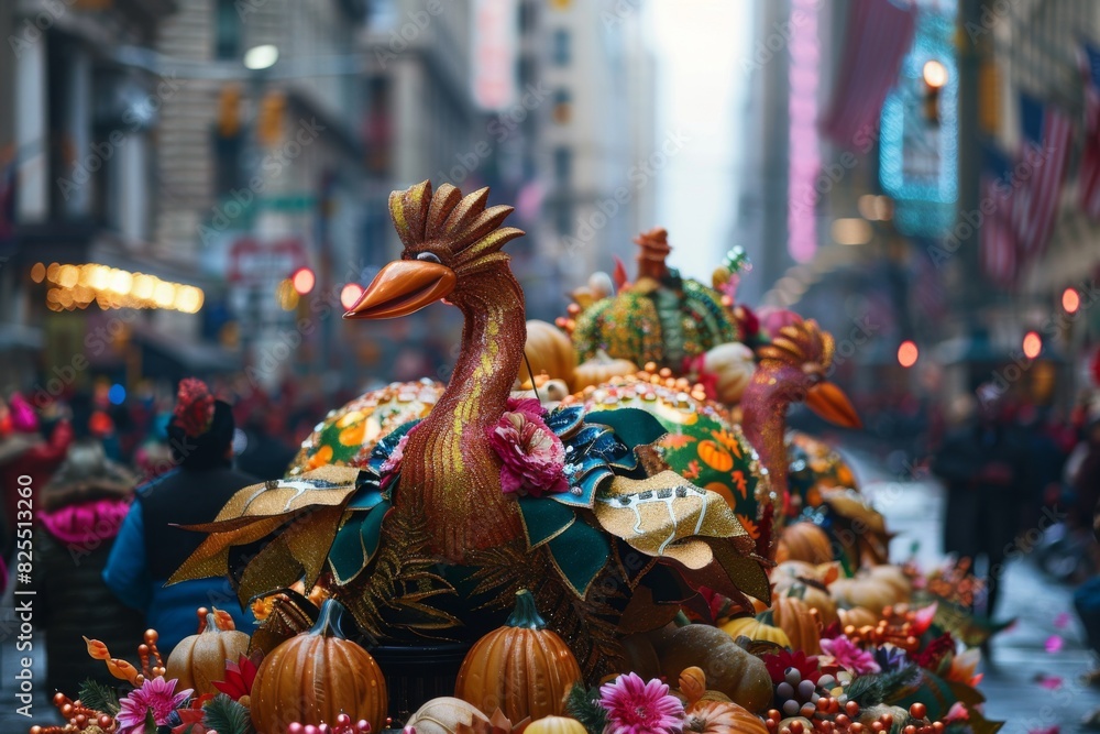 A vibrant and lively float, adorned with Thanksgiving-themed decorations, joyfully parades down a bustling city street during the Thanksgiving Parade in the USA.
