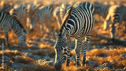 The striking pattern of a zebra herd grazing on a savanna  their stripes creating a mesmerizing visual effect.