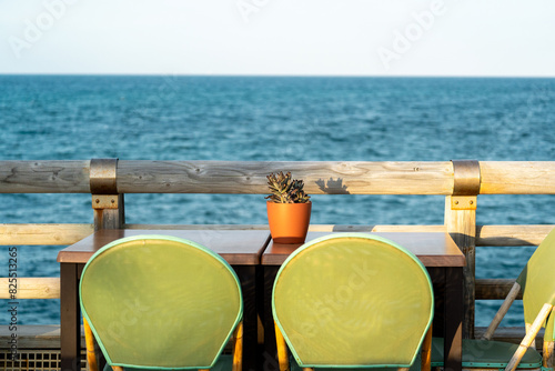 Table, chairs and a pot with a plant facing the sea in Denia.