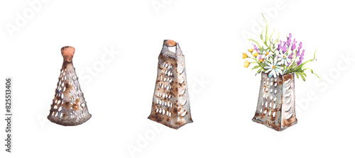 Set of graters. Watercolor illustration. Grater with a bouquet of flowers