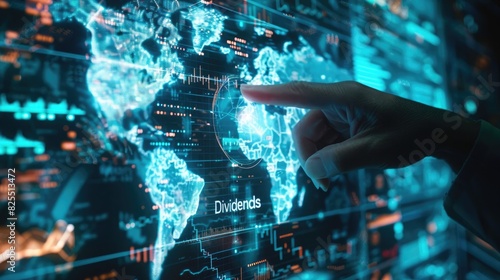 Wallpaper Mural Hand navigates 3D holographic map, 'Dividends' highlighted, symbolizing international investment strategies. Dividend strategies Torontodigital.ca