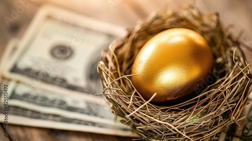 Nest made of dollar bills with a golden egg inside, illustrating the security of a solid dividend strategy. Dividend strategies photo