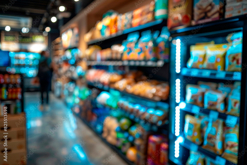 Naklejka premium Shopping trolley in a supermarket filled with products. Concept: Shopping, retail, savings.