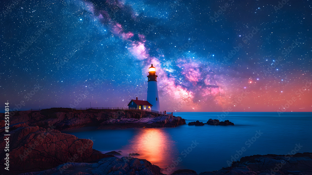Lighthouse on a Rocky Shore Under a Night Sky Lighthouse on a Rocky Shore Under a Night Sky