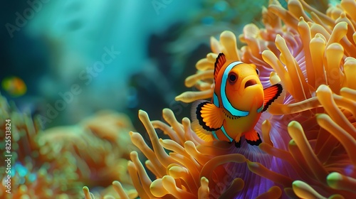 The vibrant undersea world of a coral reef, with a clownfish peeking out from an anemone's embrace. photo