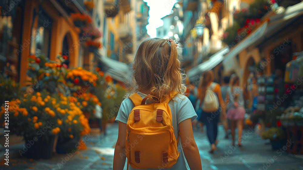 Obraz premium Little Girl Walking Down a Street Next to a Crowd