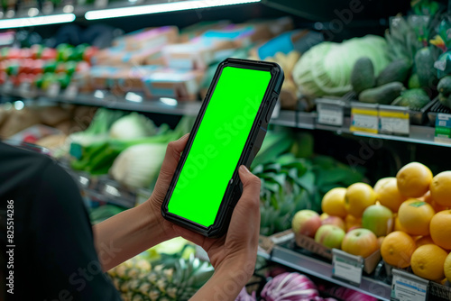 A hand holds a smartphone with a chromakey background in a store near the shelves with vegetables and fruits.
Concept: mobile applications, application demonstration, content creation.