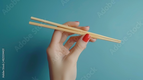 In this illustration, a hand is holding wooden chopsticks against a plain background
