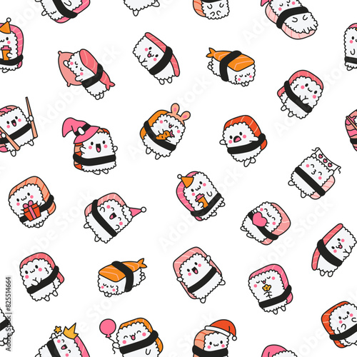 Happy sushi characters in different poses. Seamless pattern. Funny cartoon food. Hand drawn style. Vector drawing. Design ornaments.