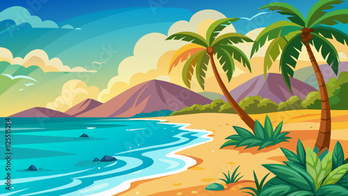 Tropical Beach Landscape with Palm Trees and Waves - Relaxing Coastal Vector Illustration